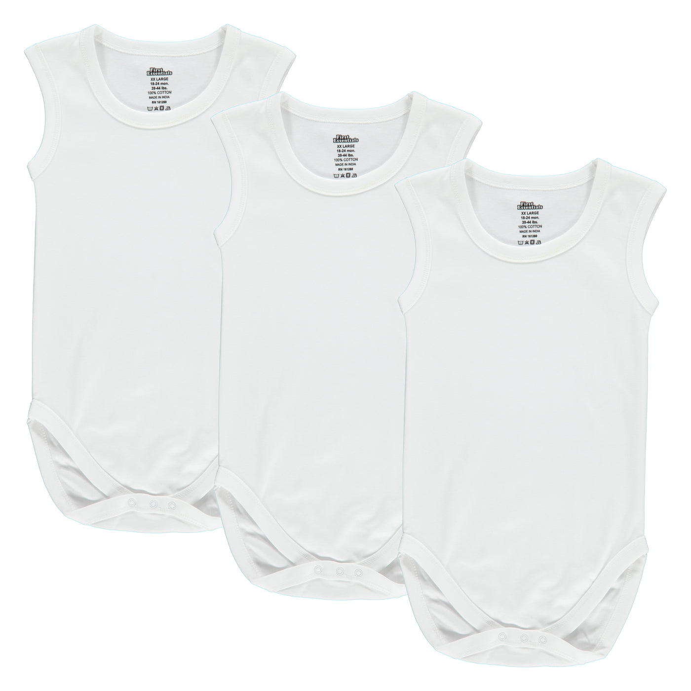 First Essentials Three-Pack Sleeveless Snap Crotch White Undershirts