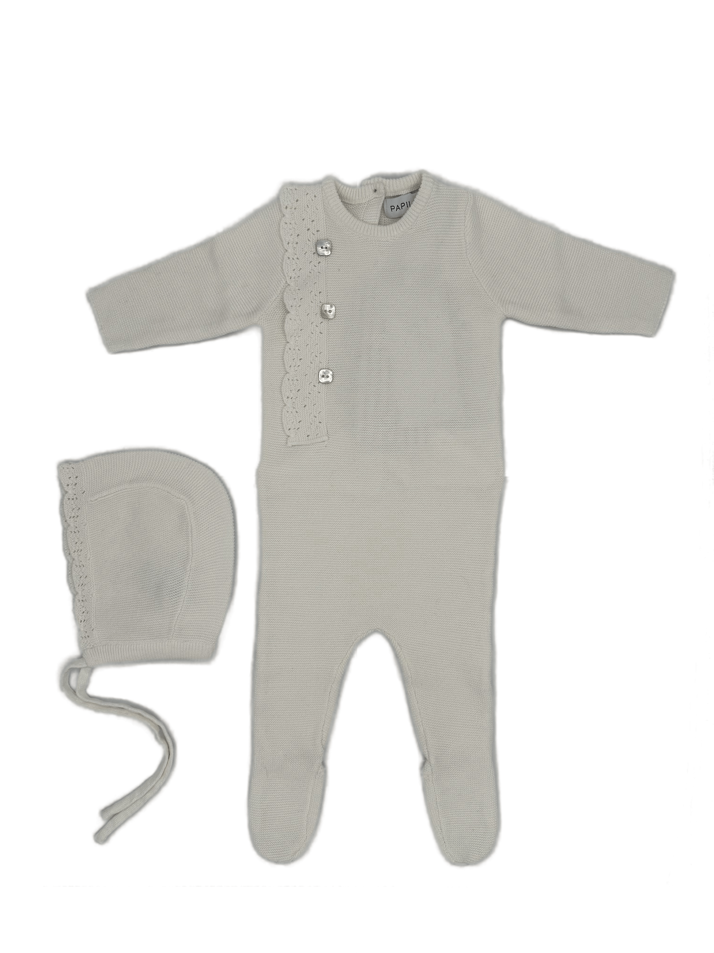 Papillon Lace Embellishment Cream Knit Footie with Bonnet