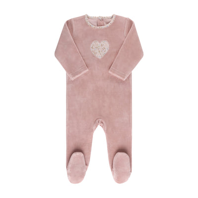 Ely's & Co. Floral Heart Pink Velour Footie with Bonnet