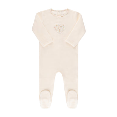 Ely's & Co. Floral Heart Ivory Velour Footie with Bonnet