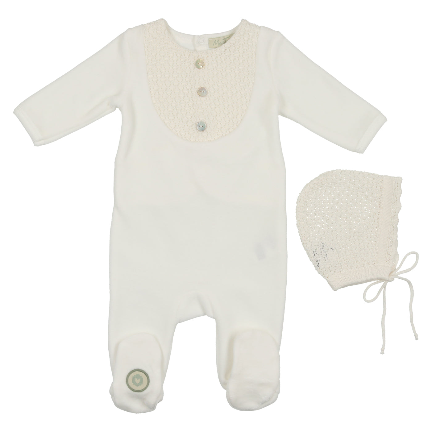 Mon Tresor Knit for Nobility Bib Ivory Footie with Bonnet