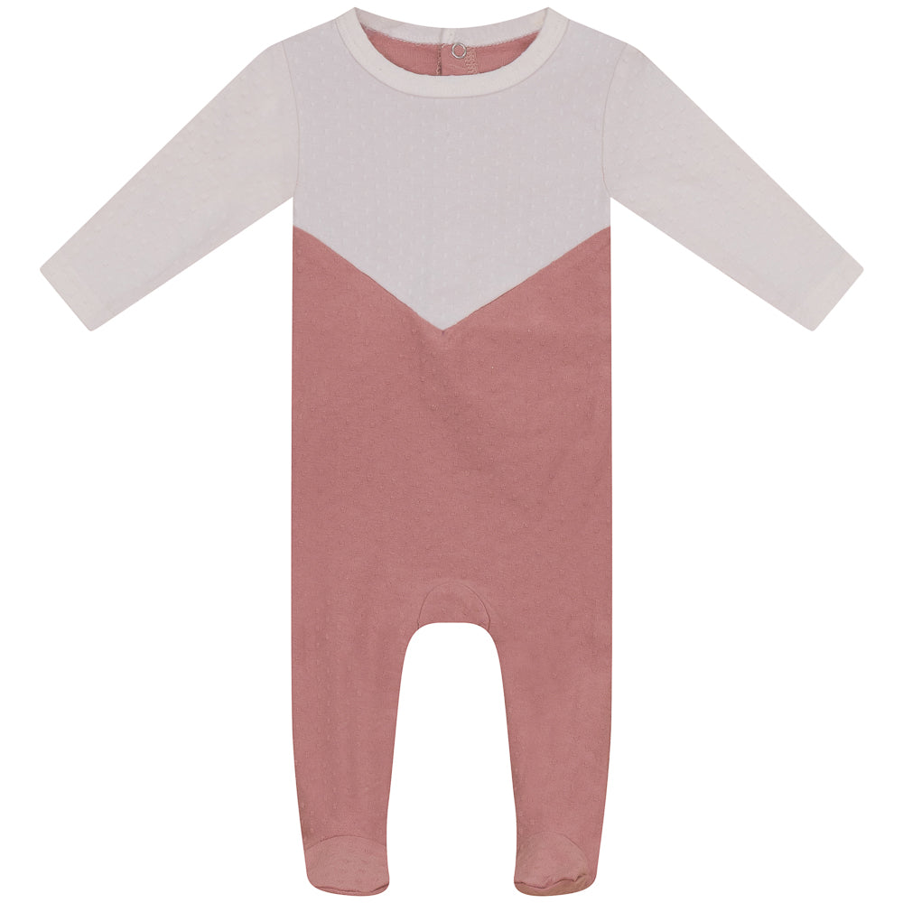 Menthe Two Tone Textured Cotton Pink/White Footie with Bonnet