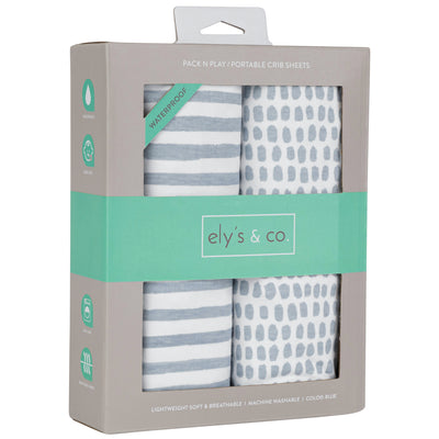 Ely's & Co. Waterproof Two Pack Portable Crib / Pack N Play Sheets - Blue Stripes & Splash Collection