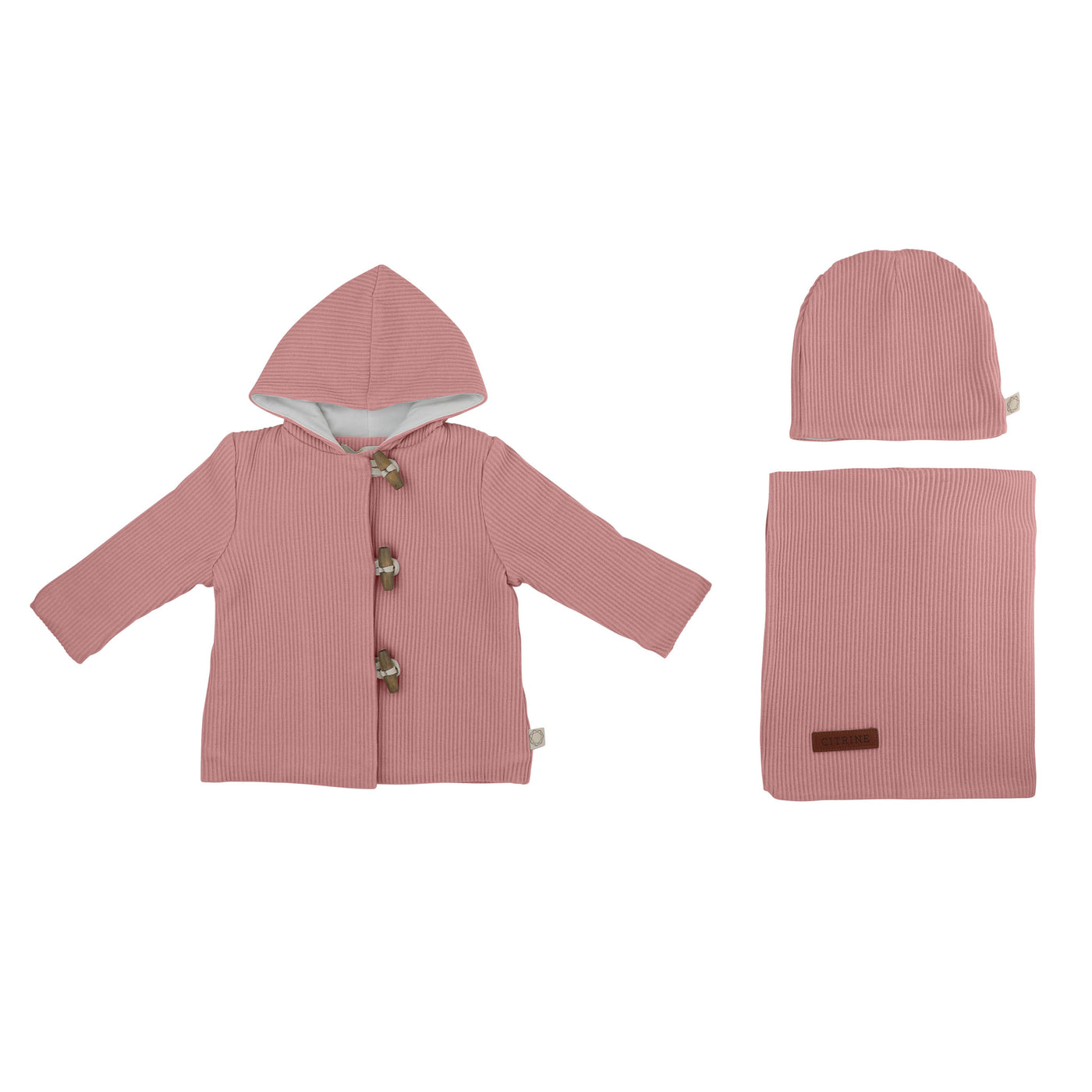 Citrine Ribbed Cotton Toggle Pink Jacket With Beanie And Blanket