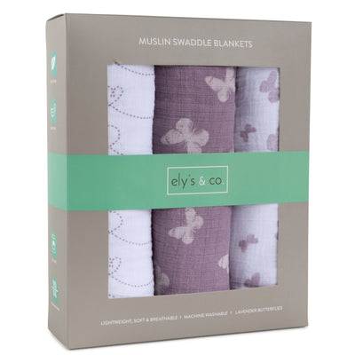 Ely's & Co. Muslin Swaddle Three Pack - Lavender Butterfly Collection