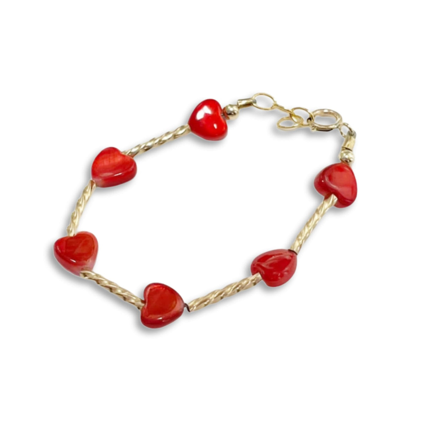 My Little Jewel Red Shell Hearts/Gold Ribbed Bars Bracelet
